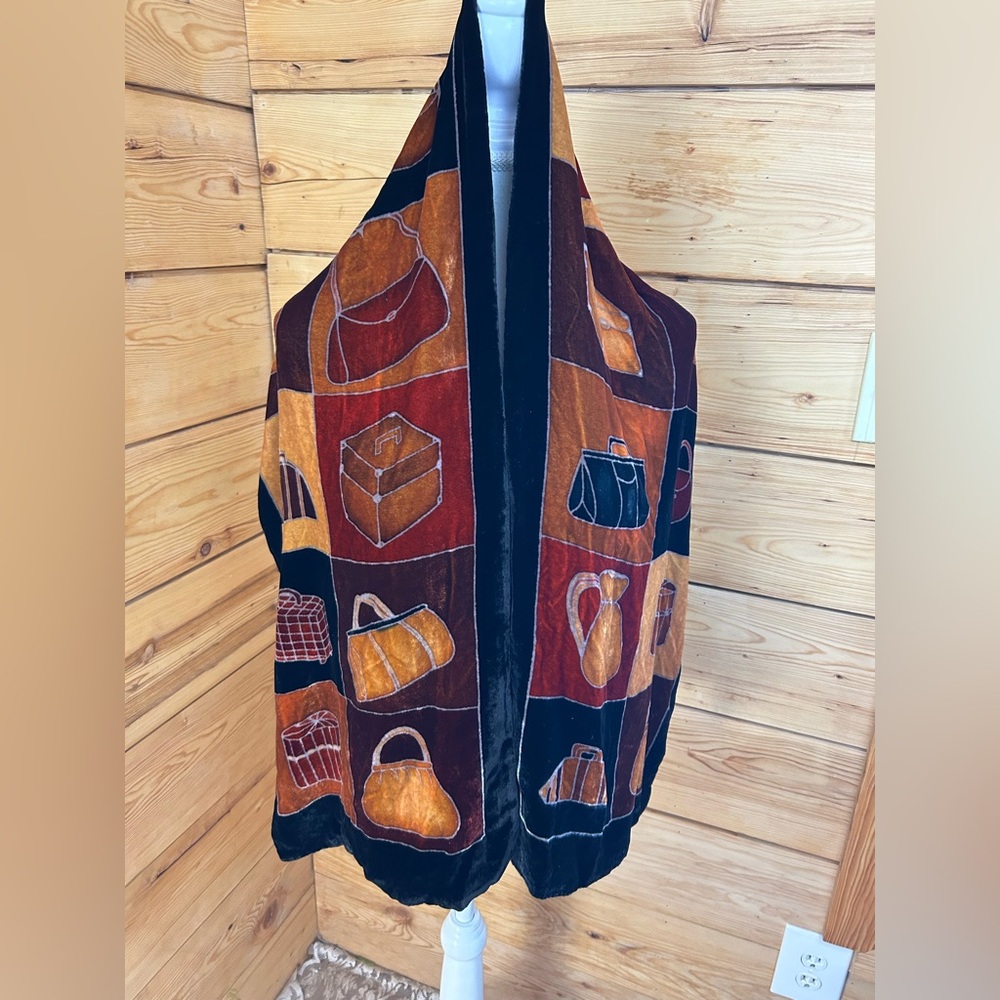 Vintage Velvet Scarf Silk Blend‎ Purses Bags Black Red Orange 48” 1990’s Retro